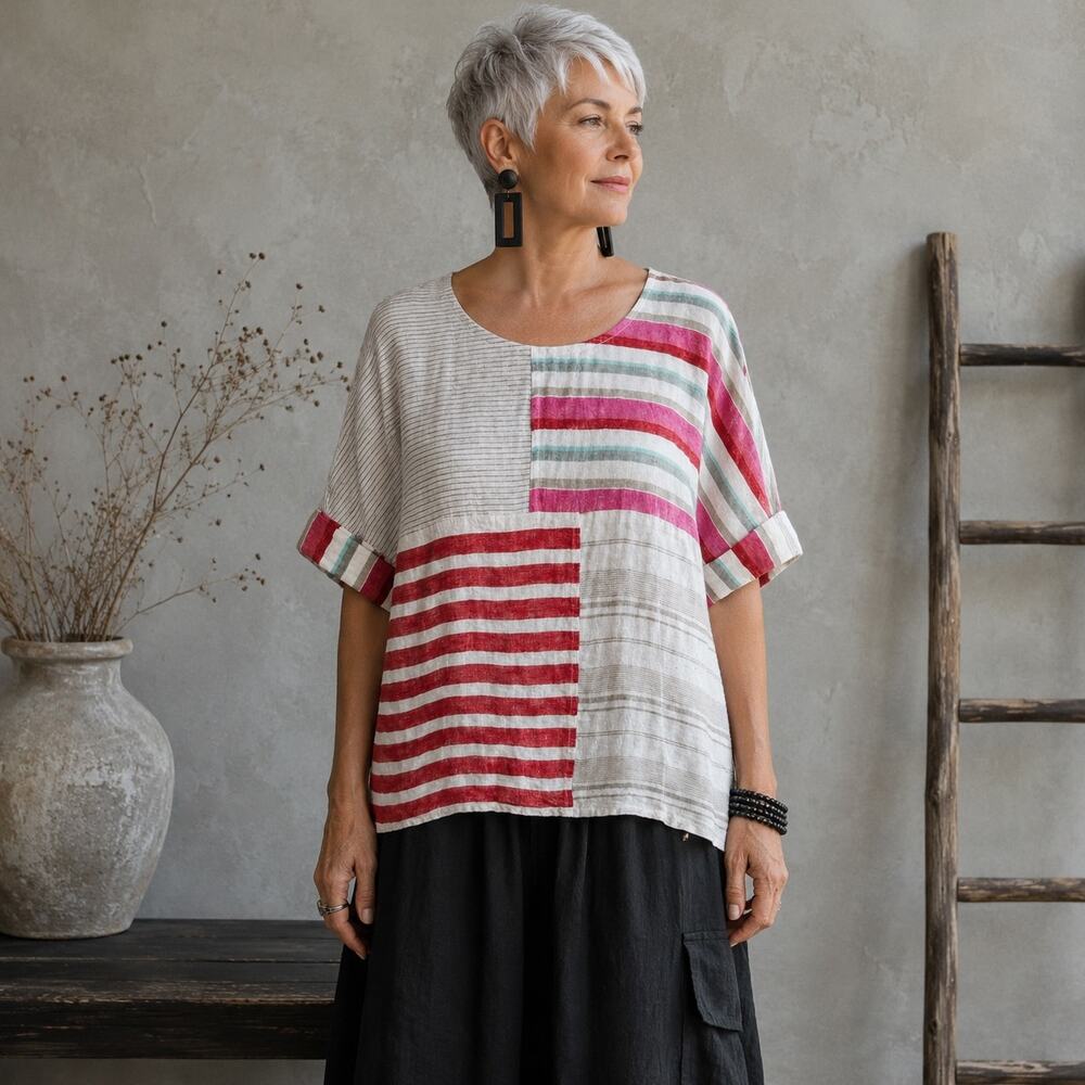 Sharon Young Tan White Red Stripe Linen NWT Pop Over Top Small